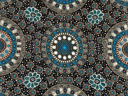 Australian Aboriginal Cotton Quilting Fabric by the YARD. M&S Textile Alura Seed Dreaming Blue. For sewing, quilting, apparel, home decor.