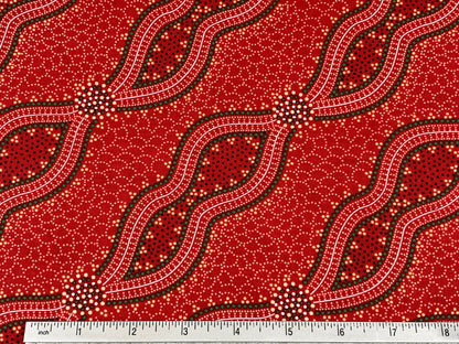 Australian Aboriginal Cotton Quilting Fabric by the YARD. M&S Textile Bush Spinifex Tango Red. For sewing, quilting, apparel, home decor.