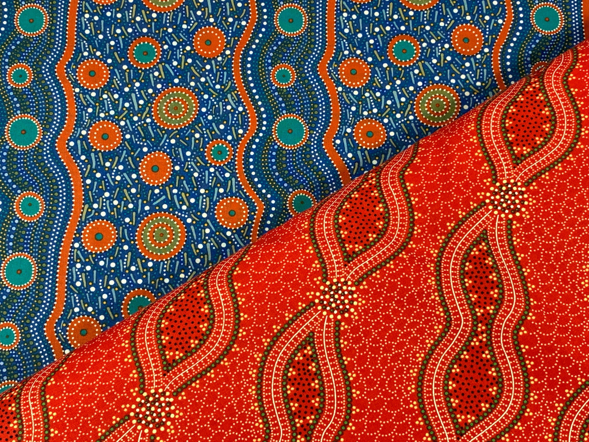 Australian Aboriginal Cotton Quilting Fabric by the YARD. M&S Textile Bush Spinifex Tango Red. For sewing, quilting, apparel, home decor.