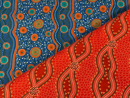 Australian Aboriginal Cotton Quilting Fabric by the YARD. M&S Textile Bush Spinifex Tango Red. For sewing, quilting, apparel, home decor.