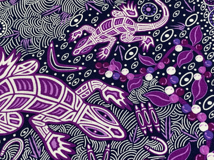 Australian Aboriginal Cotton Quilting Fabric by the YARD.  M&S Textiles "Man and Goanna Violet". For sewing, quilting, apparel, home decor.