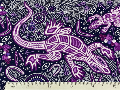 Australian Aboriginal Cotton Quilting Fabric by the YARD.  M&S Textiles "Man and Goanna Violet". For sewing, quilting, apparel, home decor.