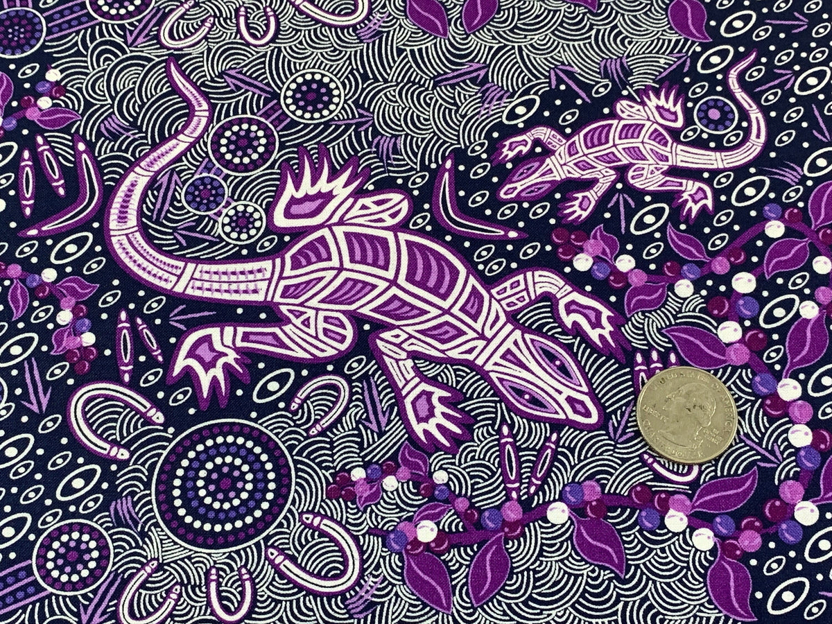 Australian Aboriginal Cotton Quilting Fabric by the YARD.  M&S Textiles "Man and Goanna Violet". For sewing, quilting, apparel, home decor.
