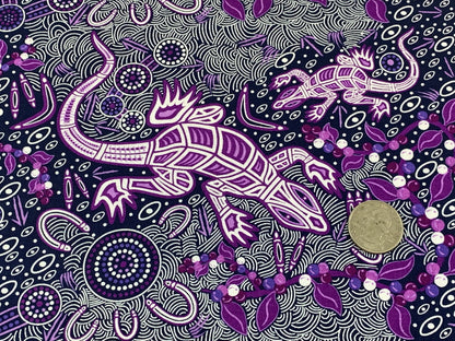 Australian Aboriginal Cotton Quilting Fabric by the YARD.  M&S Textiles "Man and Goanna Violet". For sewing, quilting, apparel, home decor.
