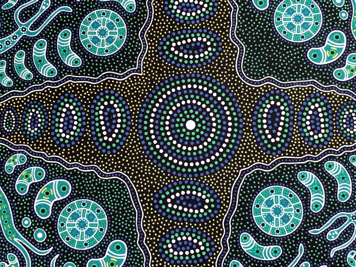 Australian Aboriginal Cotton Quilting Fabric by the YARD. M&S Textile Spirit People 2 Green. For sewing, quilting, apparel, home decor.