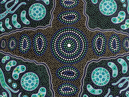 Australian Aboriginal Cotton Quilting Fabric by the YARD. M&S Textile Spirit People 2 Green. For sewing, quilting, apparel, home decor.