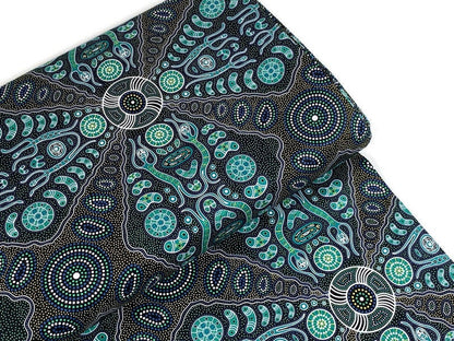 Australian Aboriginal Cotton Quilting Fabric by the YARD. M&S Textile Spirit People 2 Green. For sewing, quilting, apparel, home decor.