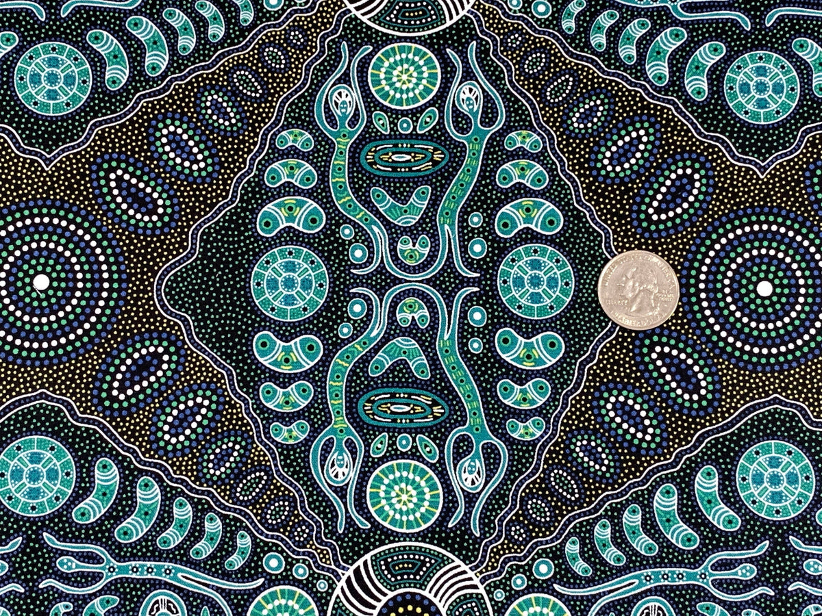 Australian Aboriginal Cotton Quilting Fabric by the YARD. M&S Textile Spirit People 2 Green. For sewing, quilting, apparel, home decor.