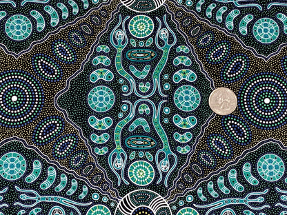 Australian Aboriginal Cotton Quilting Fabric by the YARD. M&S Textile Spirit People 2 Green. For sewing, quilting, apparel, home decor.