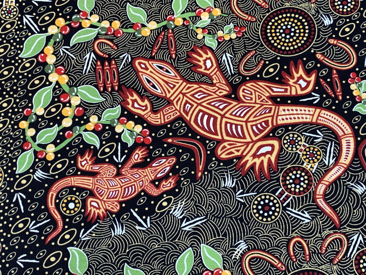 Australian Aboriginal Cotton Quilting Fabric by the YARD.  M&S Textiles "Man and Goanna Black". For sewing, quilting, apparel, home decor.