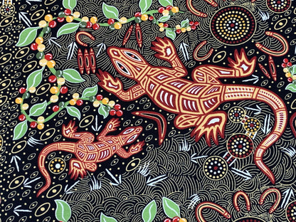 Australian Aboriginal Cotton Quilting Fabric by the YARD.  M&S Textiles "Man and Goanna Black". For sewing, quilting, apparel, home decor.