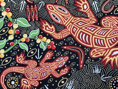 Australian Aboriginal Cotton Quilting Fabric by the YARD.  M&S Textiles "Man and Goanna Black". For sewing, quilting, apparel, home decor.