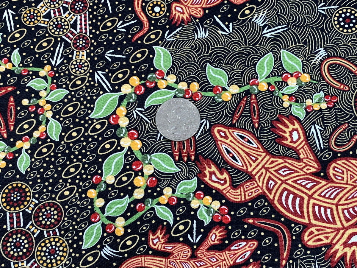 Australian Aboriginal Cotton Quilting Fabric by the YARD.  M&S Textiles "Man and Goanna Black". For sewing, quilting, apparel, home decor.