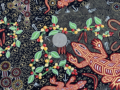 Australian Aboriginal Cotton Quilting Fabric by the YARD.  M&S Textiles "Man and Goanna Black". For sewing, quilting, apparel, home decor.