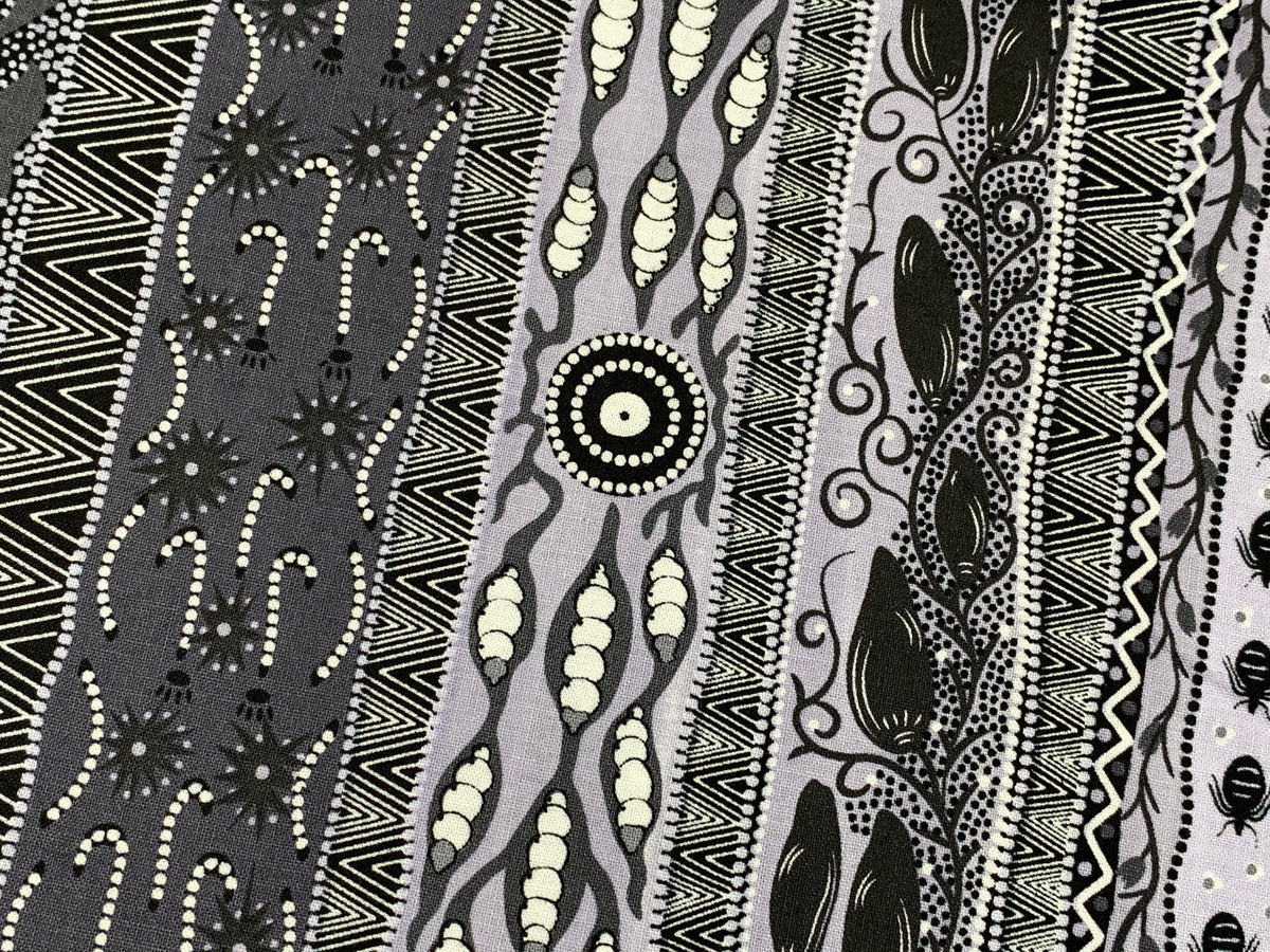 Australian Aboriginal Cotton Quilting Fabric by the YARD.  M&S Textiles "Dreaming in One Ash and Black". For sewing, quilting, home decor.