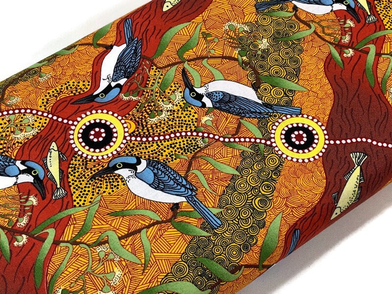 Australian Aboriginal Cotton Quilting Fabric by the YARD. M&S Textiles Kingfisher Camp By The River Yellow. For sewing, apparel, home decor.