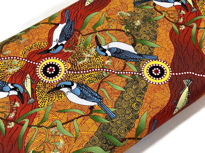 Australian Aboriginal Cotton Quilting Fabric by the YARD. M&S Textiles Kingfisher Camp By The River Yellow. For sewing, apparel, home decor.