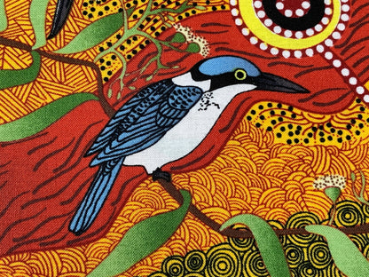 Australian Aboriginal Cotton Quilting Fabric by the YARD. M&S Textiles Kingfisher Camp By The River Yellow. For sewing, apparel, home decor.