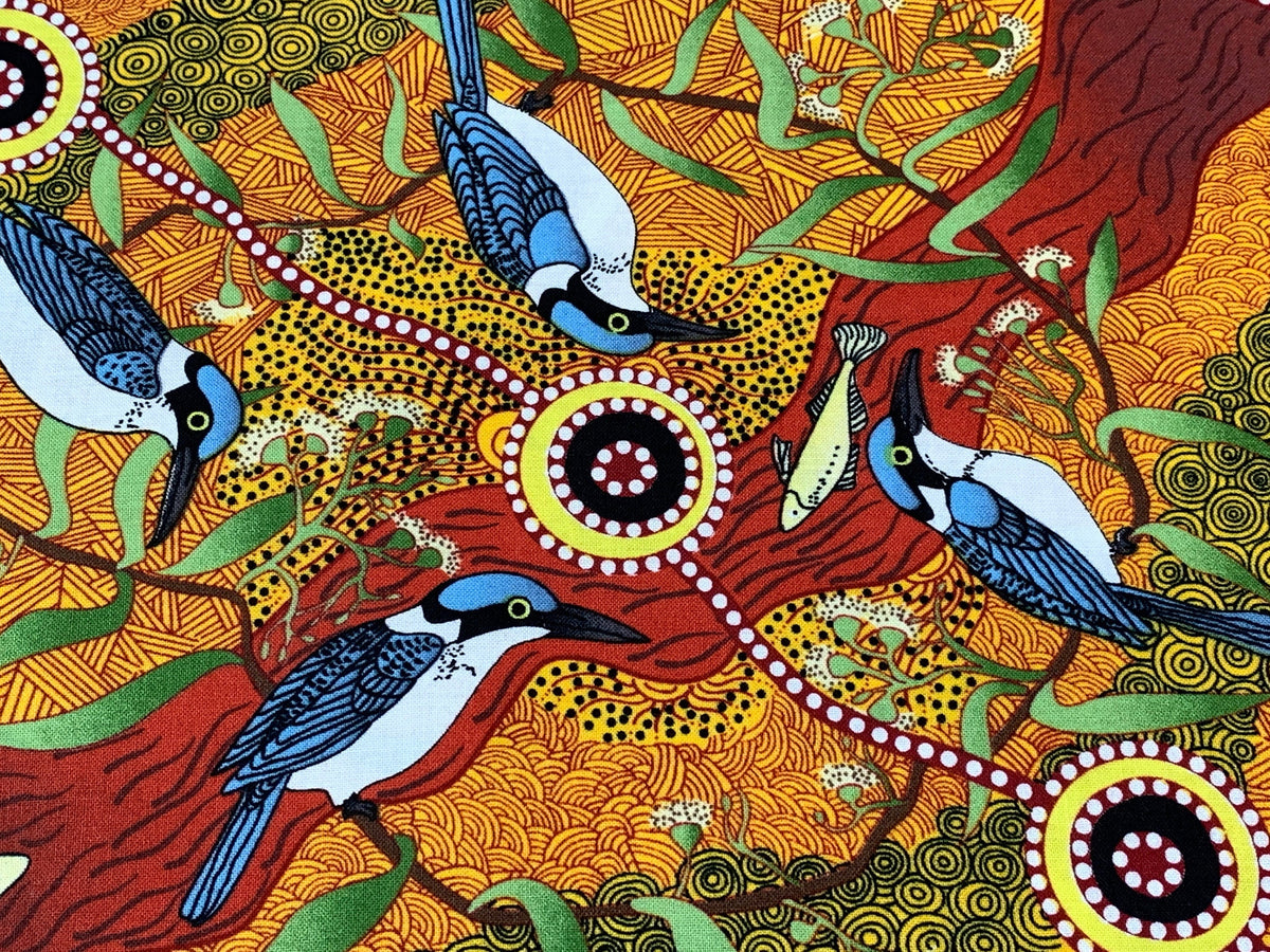 Australian Aboriginal Cotton Quilting Fabric by the YARD. M&S Textiles Kingfisher Camp By The River Yellow. For sewing, apparel, home decor.