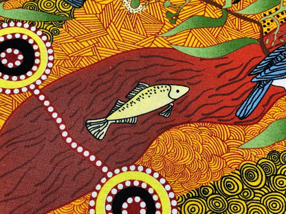 Australian Aboriginal Cotton Quilting Fabric by the YARD. M&S Textiles Kingfisher Camp By The River Yellow. For sewing, apparel, home decor.