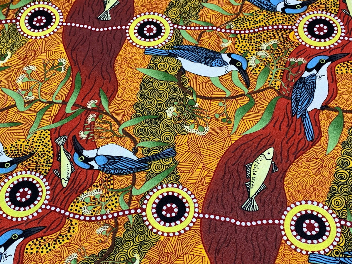 Australian Aboriginal Cotton Quilting Fabric by the YARD. M&S Textiles Kingfisher Camp By The River Yellow. For sewing, apparel, home decor.