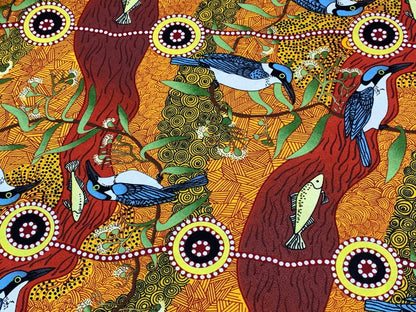 Australian Aboriginal Cotton Quilting Fabric by the YARD. M&S Textiles Kingfisher Camp By The River Yellow. For sewing, apparel, home decor.