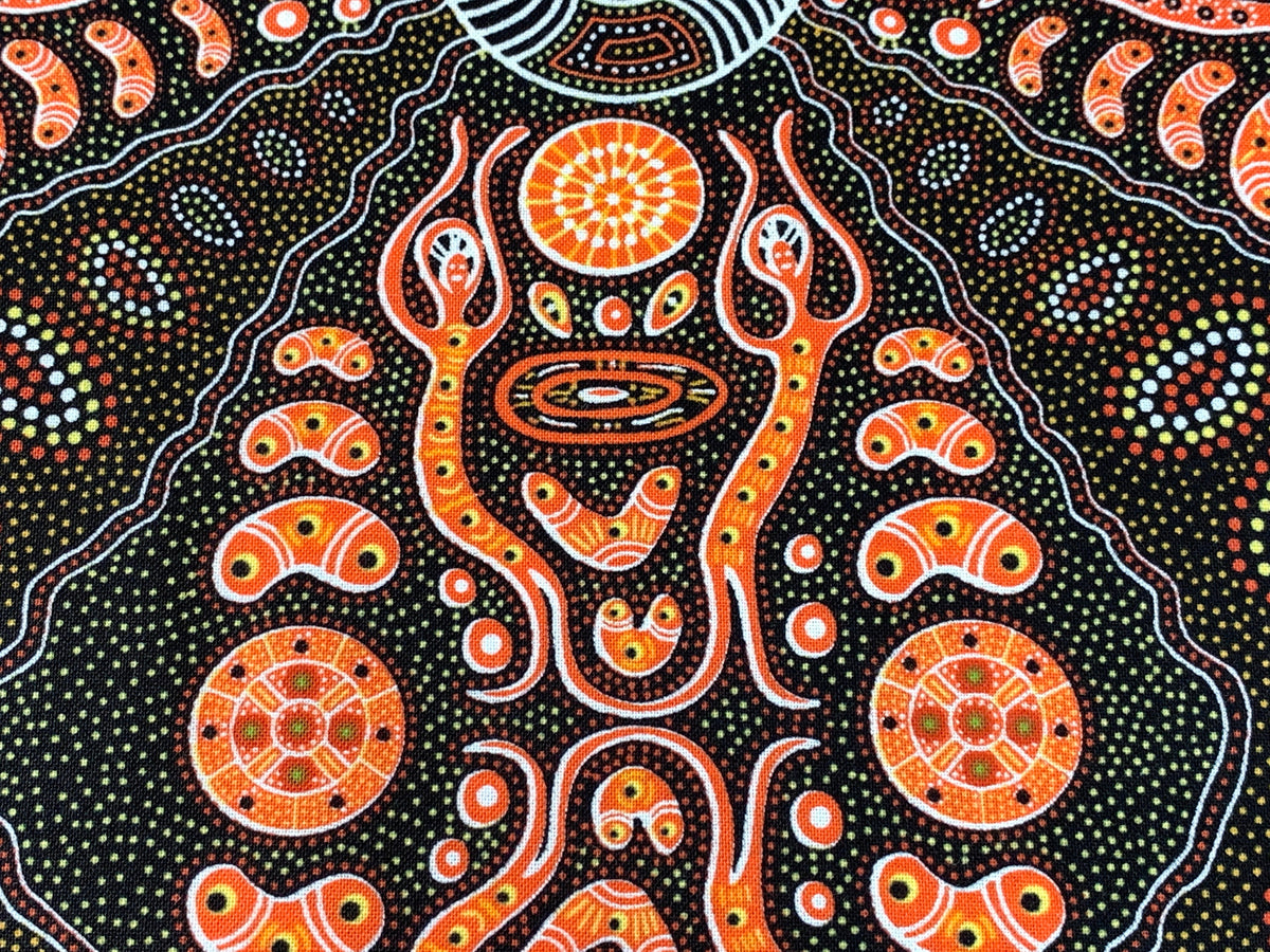 Australian Aboriginal Cotton Quilting Fabric by the YARD. M&S Textiles Spirit People 2 Orange. For sewing, quilting, apparel, home decor.