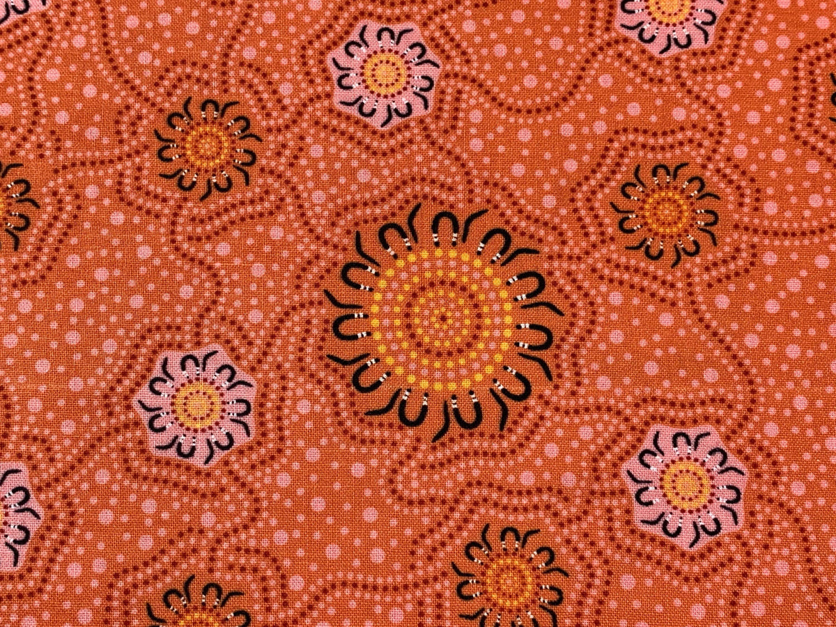 Australian Aboriginal Cotton Quilting Fabric by the YARD. M&S Textiles "Caming Ground Orange". For sewing, quilting, apparel, home decor.