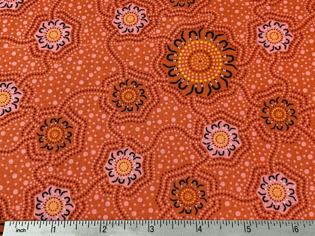 Australian Aboriginal Cotton Quilting Fabric by the YARD. M&S Textiles "Caming Ground Orange". For sewing, quilting, apparel, home decor.