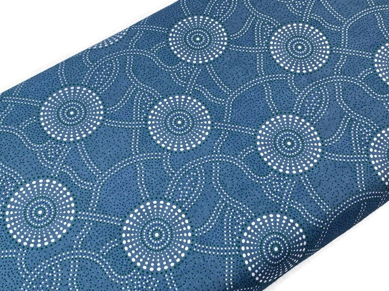 Australian Aboriginal Cotton Quilting Fabric by the YARD. M&S Textiles "Kangaroo Path Blue". For sewing, quilting, apparel, home decor.