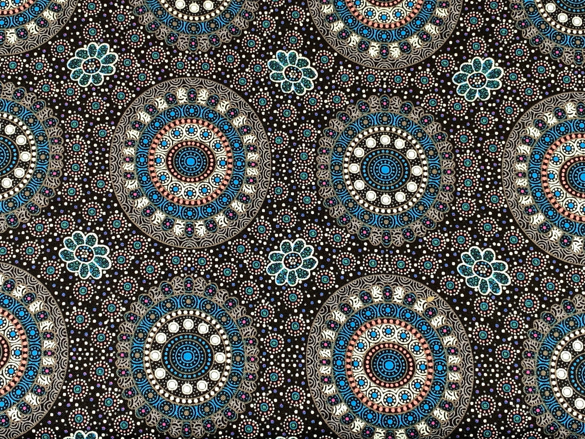 Australian Aboriginal Cotton Quilting Fabric by the YARD. M&S Textile Alura Seed Dreaming Blue. For sewing, quilting, apparel, home decor.