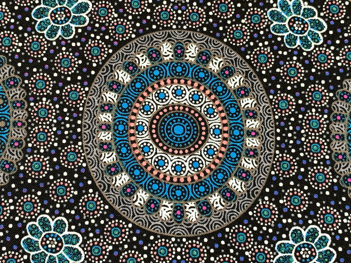 Australian Aboriginal Cotton Quilting Fabric by the YARD. M&S Textile Alura Seed Dreaming Blue. For sewing, quilting, apparel, home decor.