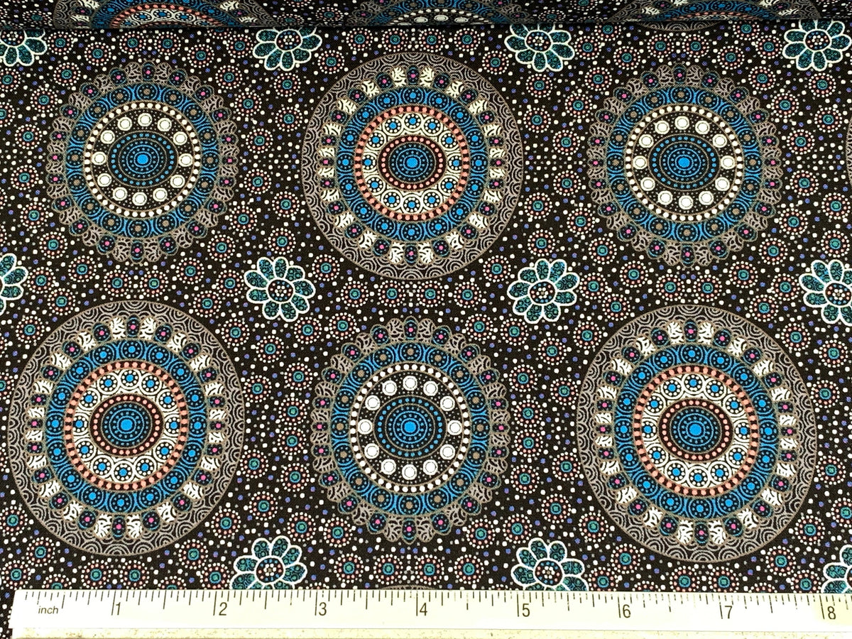 Australian Aboriginal Cotton Quilting Fabric by the YARD. M&S Textile Alura Seed Dreaming Blue. For sewing, quilting, apparel, home decor.