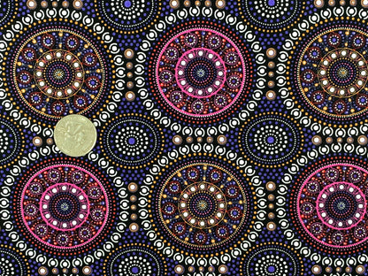 Australian Aboriginal Cotton Quilting Fabric by the YARD. M&S Textile Bush Berry Blue. Fabric for sewing, quilting, apparel, and home decor.
