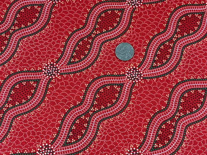 Australian Aboriginal Cotton Quilting Fabric by the YARD. M&S Textile Bush Spinifex Tango Red. For sewing, quilting, apparel, home decor.