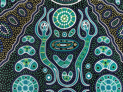 Australian Aboriginal Cotton Quilting Fabric by the YARD. M&S Textile Spirit People 2 Green. For sewing, quilting, apparel, home decor.