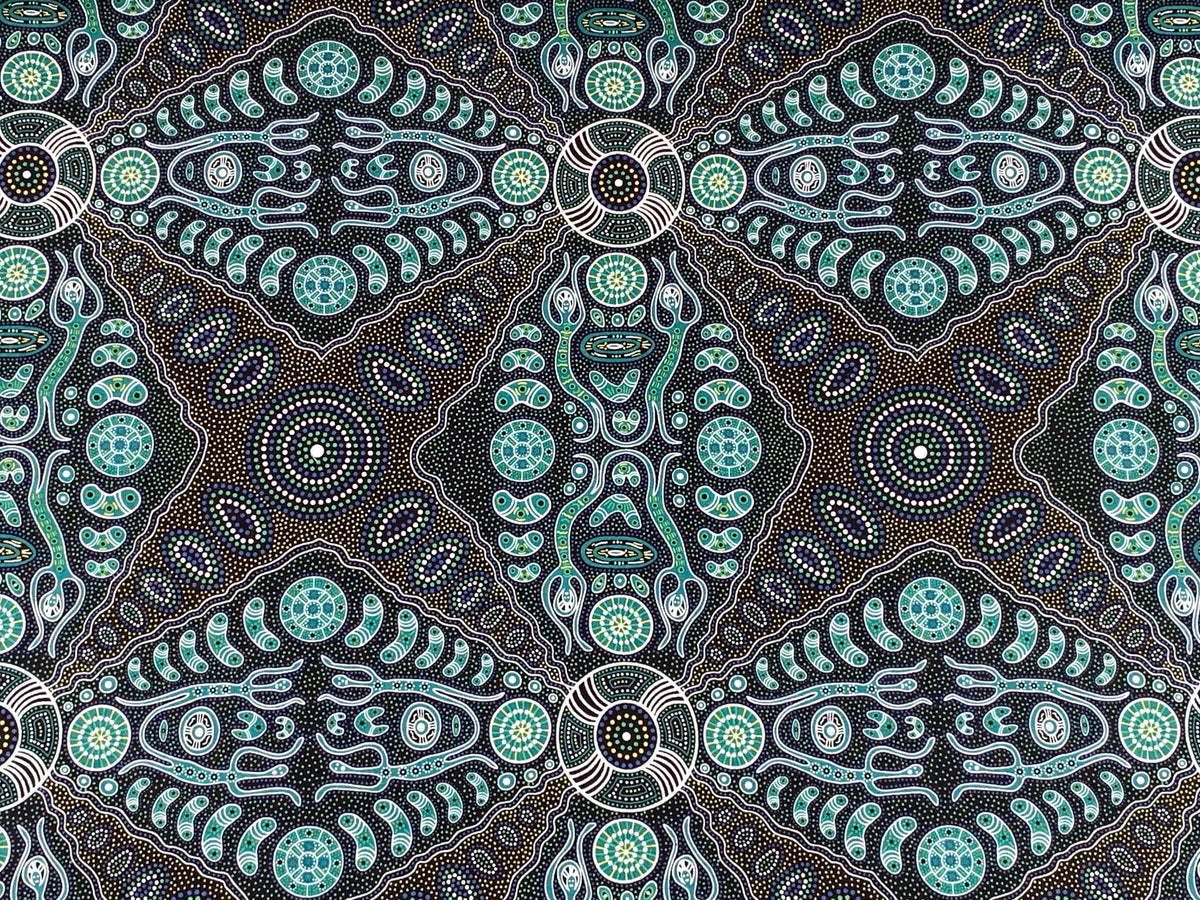 Australian Aboriginal Cotton Quilting Fabric by the YARD. M&S Textile Spirit People 2 Green. For sewing, quilting, apparel, home decor.