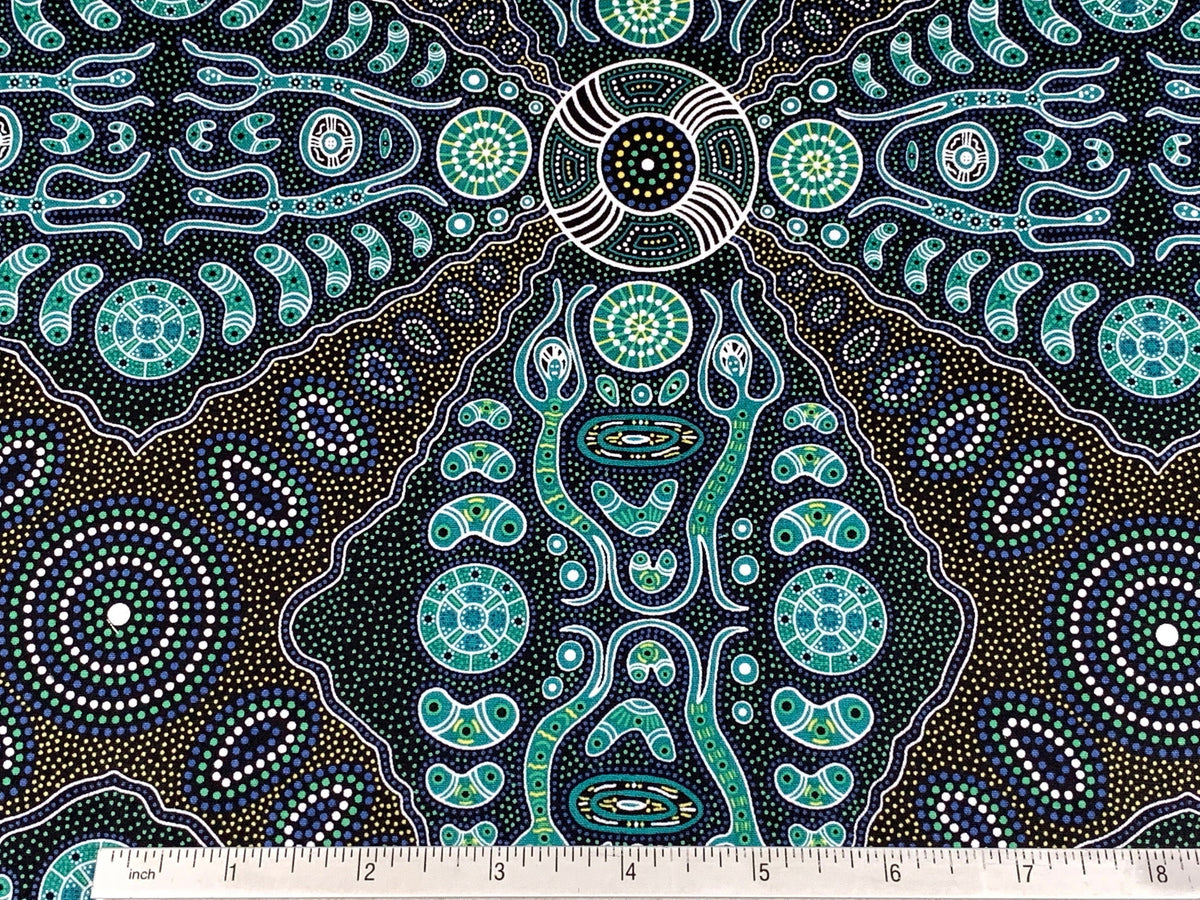 Australian Aboriginal Cotton Quilting Fabric by the YARD. M&S Textile Spirit People 2 Green. For sewing, quilting, apparel, home decor.