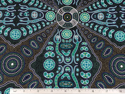 Australian Aboriginal Cotton Quilting Fabric by the YARD. M&S Textile Spirit People 2 Green. For sewing, quilting, apparel, home decor.