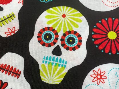 Day of the Dead Sugar Skull Fabric in Red, Turquoise, and Lime. Halloween Fabric Sold by the YARD. 100% Cotton for Apparel & Home Decor.