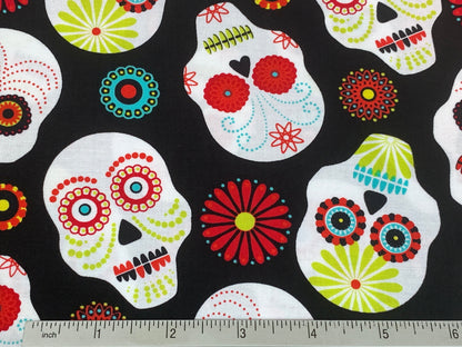 Day of the Dead Sugar Skull Fabric in Red, Turquoise, and Lime. Halloween Fabric Sold by the YARD. 100% Cotton for Apparel & Home Decor.
