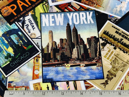 International Big City Postcards Fabric Sold by the YARD. New York/Paris/London/Milan/Chicago/Venice. 100% Cotton for Quilting, Home Decor.
