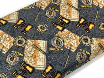 World Traveler Print Fabric Sold by the YARD. Expedition Pathfinder Travel Print in Slate Gray. 100% Cotton for Quilting, Apparel, Decor.