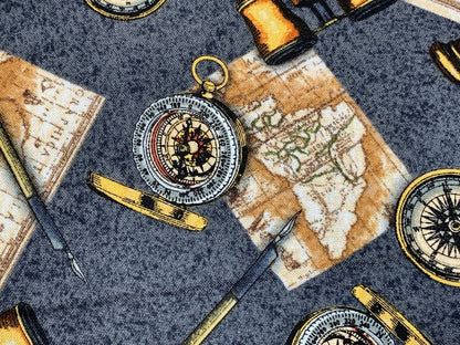 World Traveler Print Fabric Sold by the YARD. Expedition Pathfinder Travel Print in Slate Gray. 100% Cotton for Quilting, Apparel, Decor.