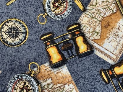 World Traveler Print Fabric Sold by the YARD. Expedition Pathfinder Travel Print in Slate Gray. 100% Cotton for Quilting, Apparel, Decor.