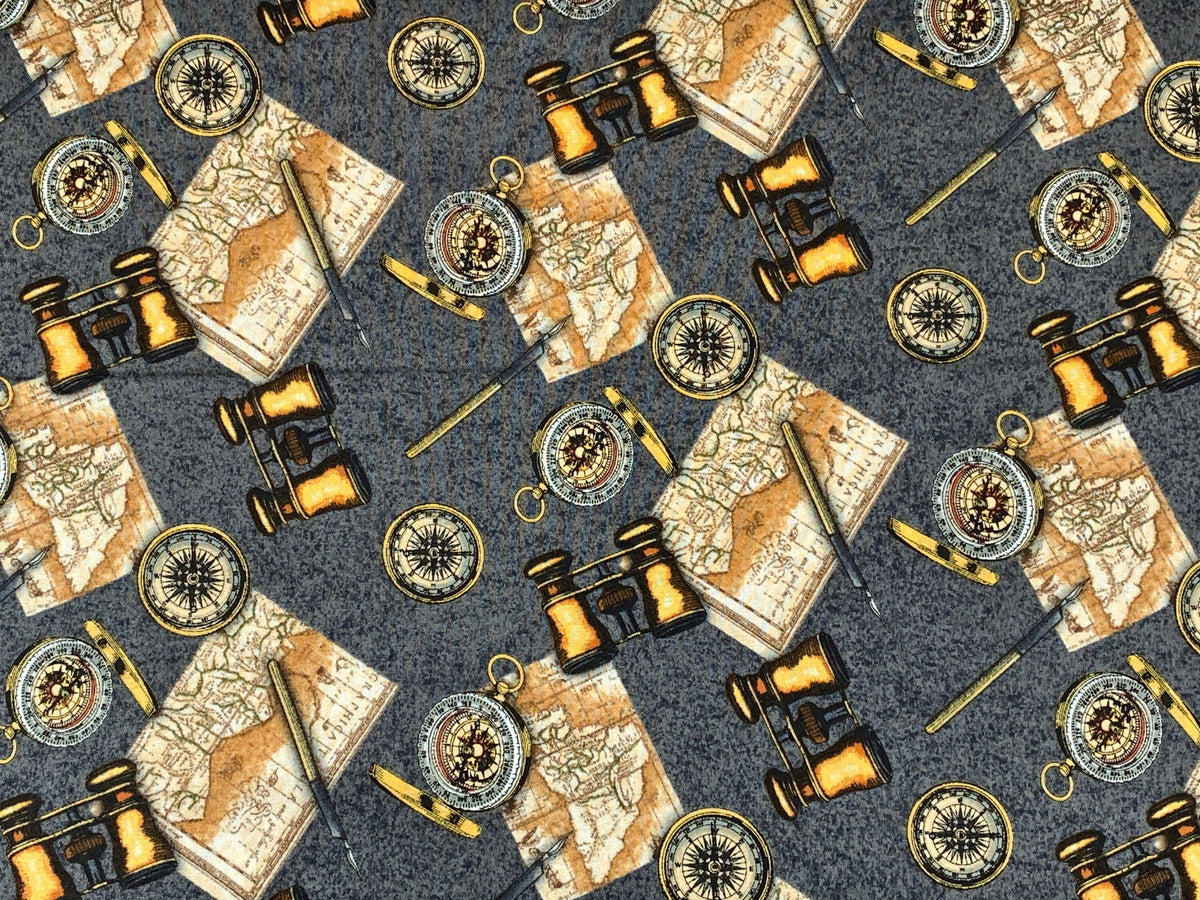 World Traveler Print Fabric Sold by the YARD. Expedition Pathfinder Travel Print in Slate Gray. 100% Cotton for Quilting, Apparel, Decor.