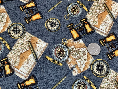 World Traveler Print Fabric Sold by the YARD. Expedition Pathfinder Travel Print in Slate Gray. 100% Cotton for Quilting, Apparel, Decor.