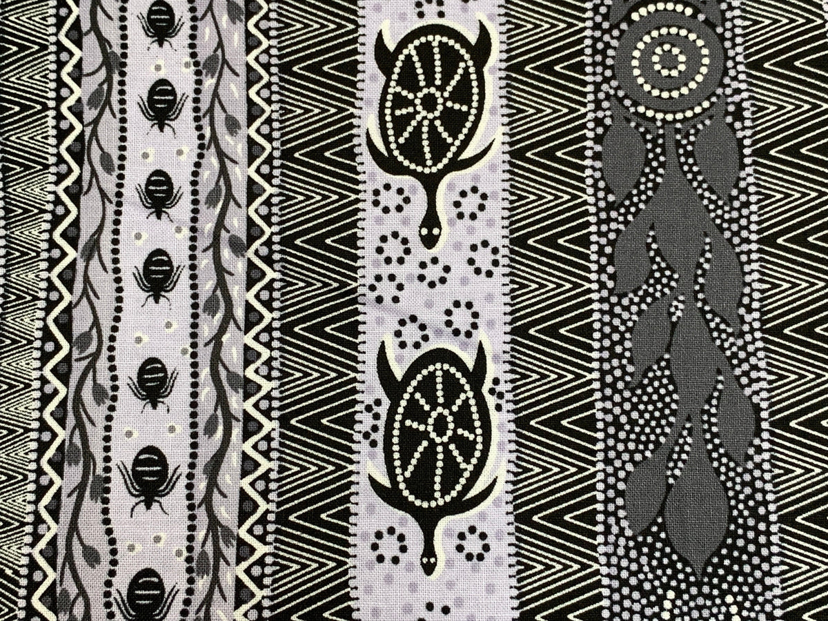 Australian Aboriginal Cotton Quilting Fabric by the YARD.  M&S Textiles "Dreaming in One Ash and Black". For sewing, quilting, home decor.
