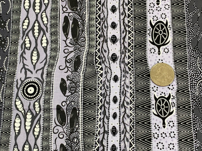 Australian Aboriginal Cotton Quilting Fabric by the YARD.  M&S Textiles "Dreaming in One Ash and Black". For sewing, quilting, home decor.