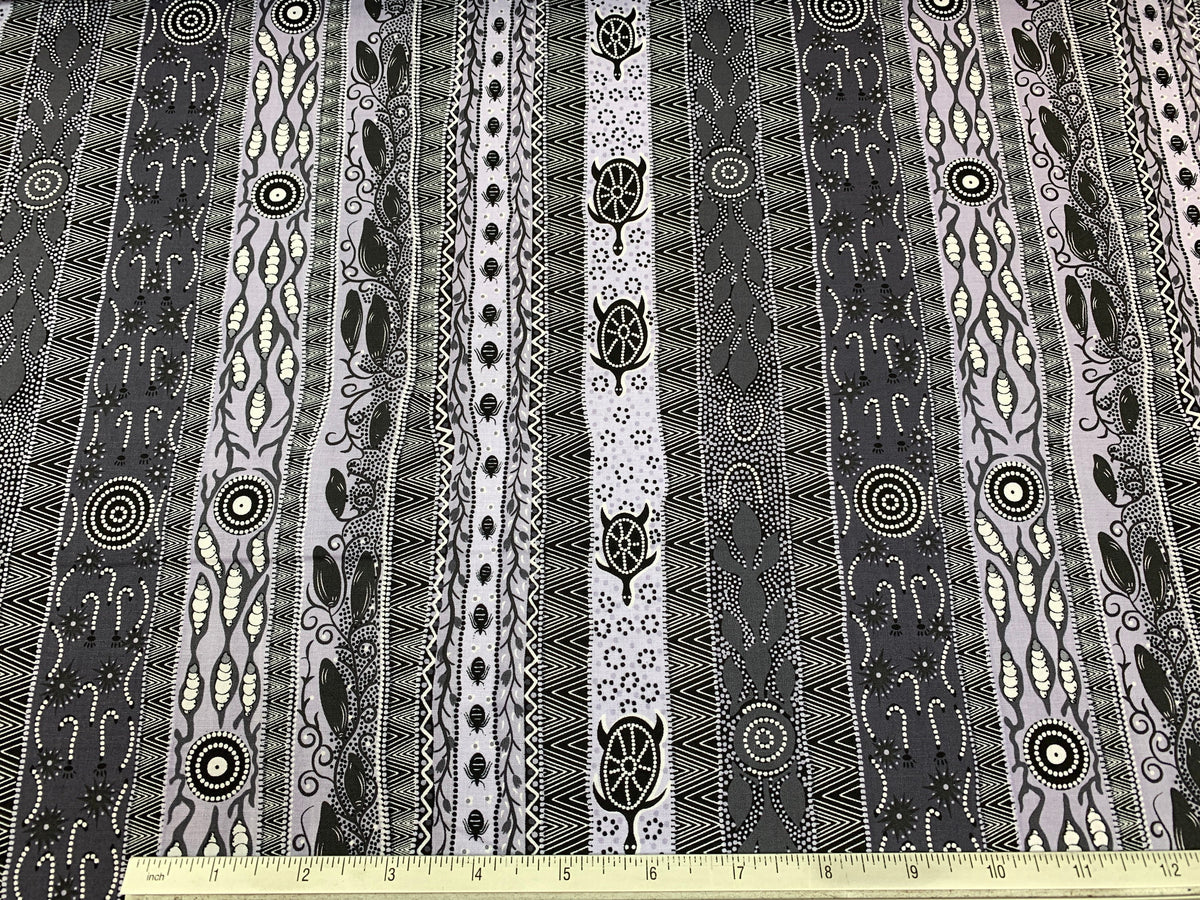 Australian Aboriginal Cotton Quilting Fabric by the YARD.  M&S Textiles "Dreaming in One Ash and Black". For sewing, quilting, home decor.